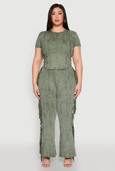 Womens Plus Size Mineral Wash Side Fringe Pants, Green, Size 3X