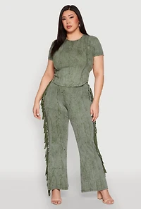 Womens Plus Size Mineral Wash Side Fringe Pants, Green, Size 3X