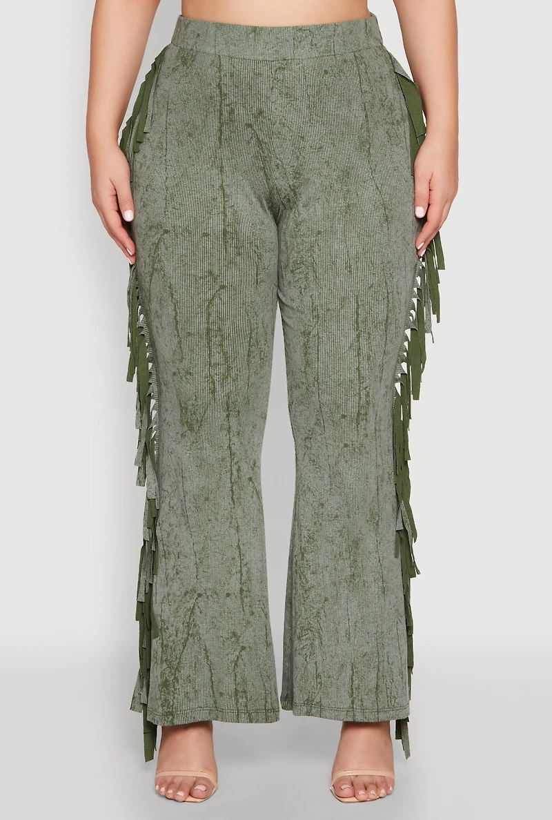 Womens Plus Size Mineral Wash Side Fringe Pants, Green, Size 3X