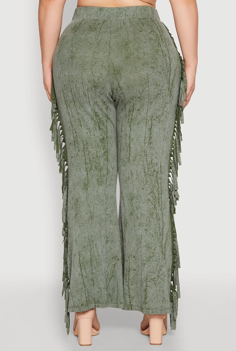 Womens Plus Size Mineral Wash Side Fringe Pants, Green, Size 3X