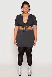 Womens Plus Rhinestone Collar Tie Front Top, Grey,