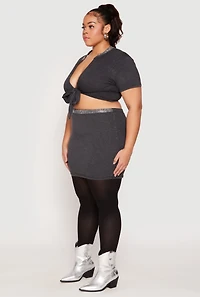 Womens Plus Size Rhinestone Collar Tie Front Top, Grey, Size 1X
