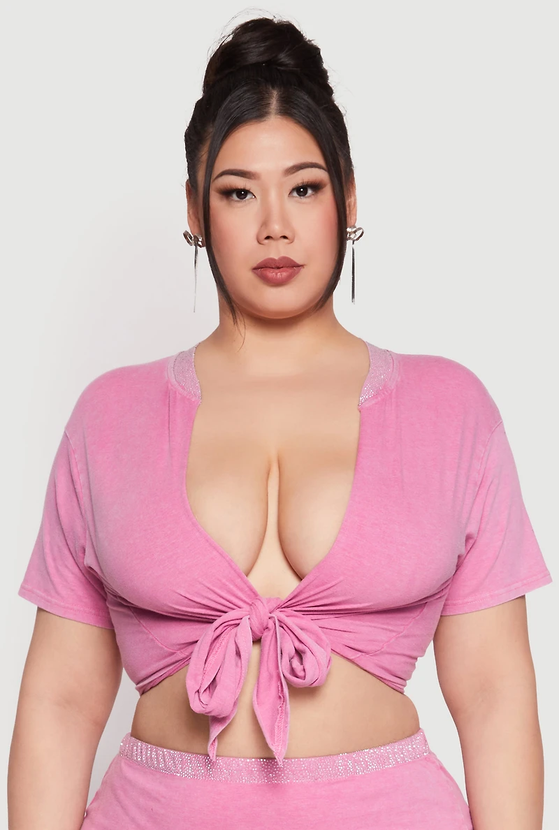 Plus Rhinestone Collar Tie Front Top