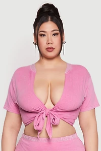 Plus Rhinestone Collar Tie Front Top