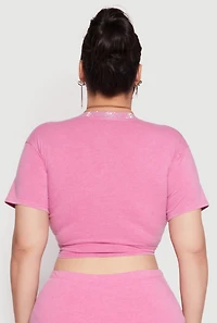 Womens Plus Size Rhinestone Collar Tie Front Top, Pink, Size 1X
