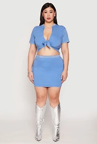 Womens Plus Size Rhinestone Collar Tie Front Top, Blue, Size 2X