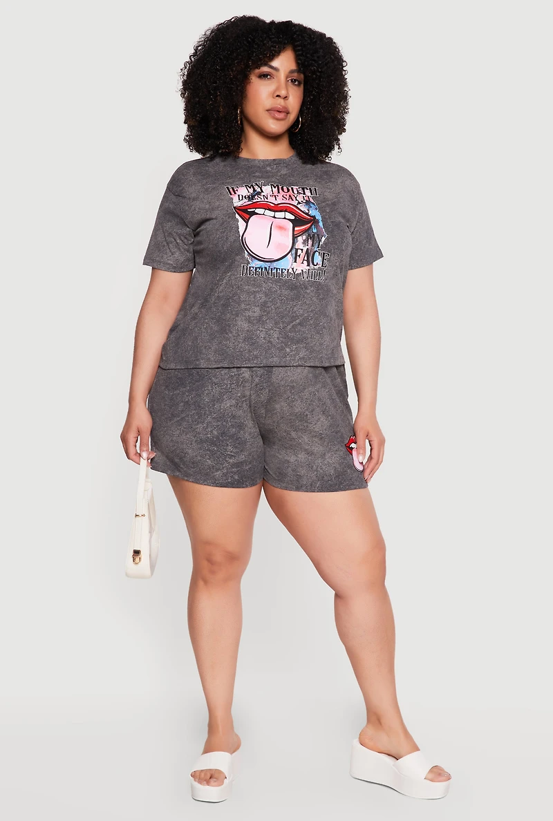 Plus Acid Wash Lip Graphic Shorts