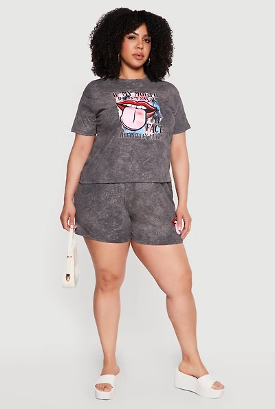 Plus Acid Wash Lip Graphic Shorts
