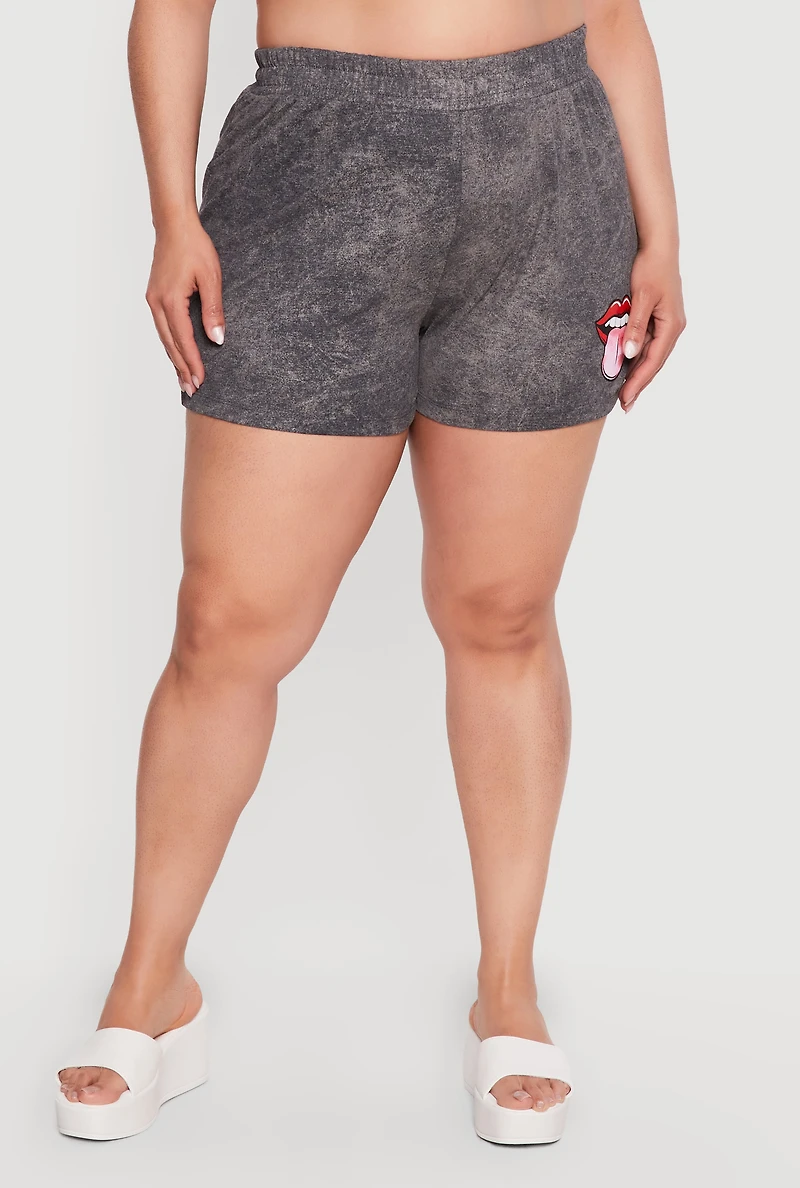 Plus Acid Wash Lip Graphic Shorts