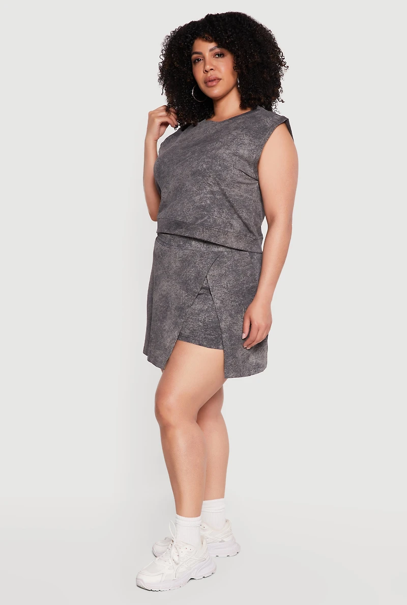 Plus High Waisted Acid Wash Wrap Skort