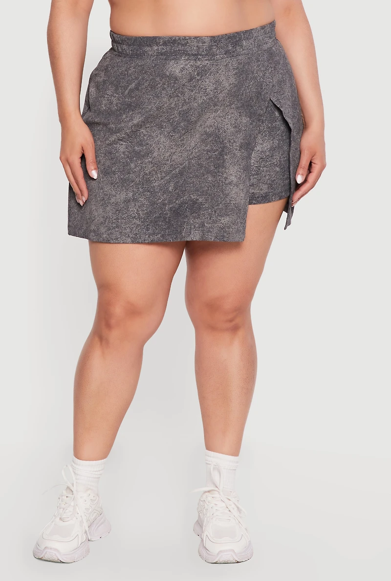 Plus High Waisted Acid Wash Wrap Skort