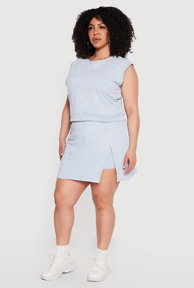 Plus High Waisted Acid Wash Wrap Skort
