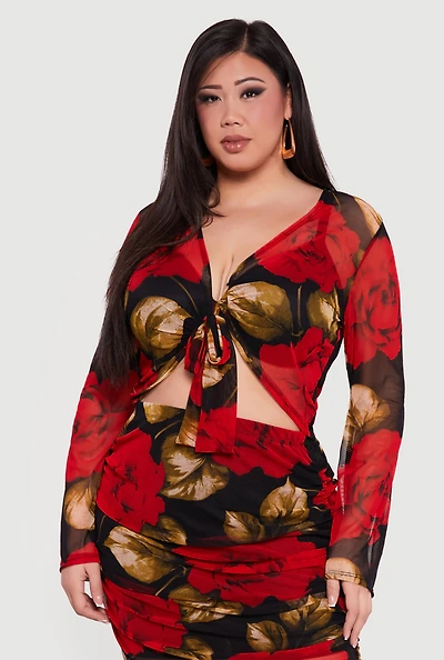 Plus Patterned Long Sleeve Mesh Tie Front Crop Top