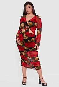 Plus Patterned Long Sleeve Mesh Tie Front Crop Top