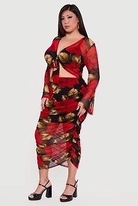 Plus Patterned Long Sleeve Mesh Tie Front Crop Top