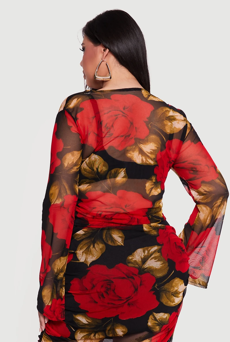 Plus Patterned Long Sleeve Mesh Tie Front Crop Top