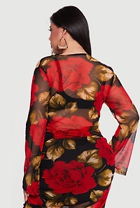 Plus Patterned Long Sleeve Mesh Tie Front Crop Top