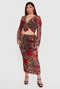 Plus Patterned Ruched Mesh Midi Skirt