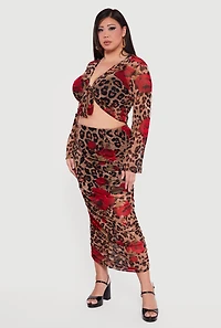 Plus Patterned Ruched Mesh Midi Skirt