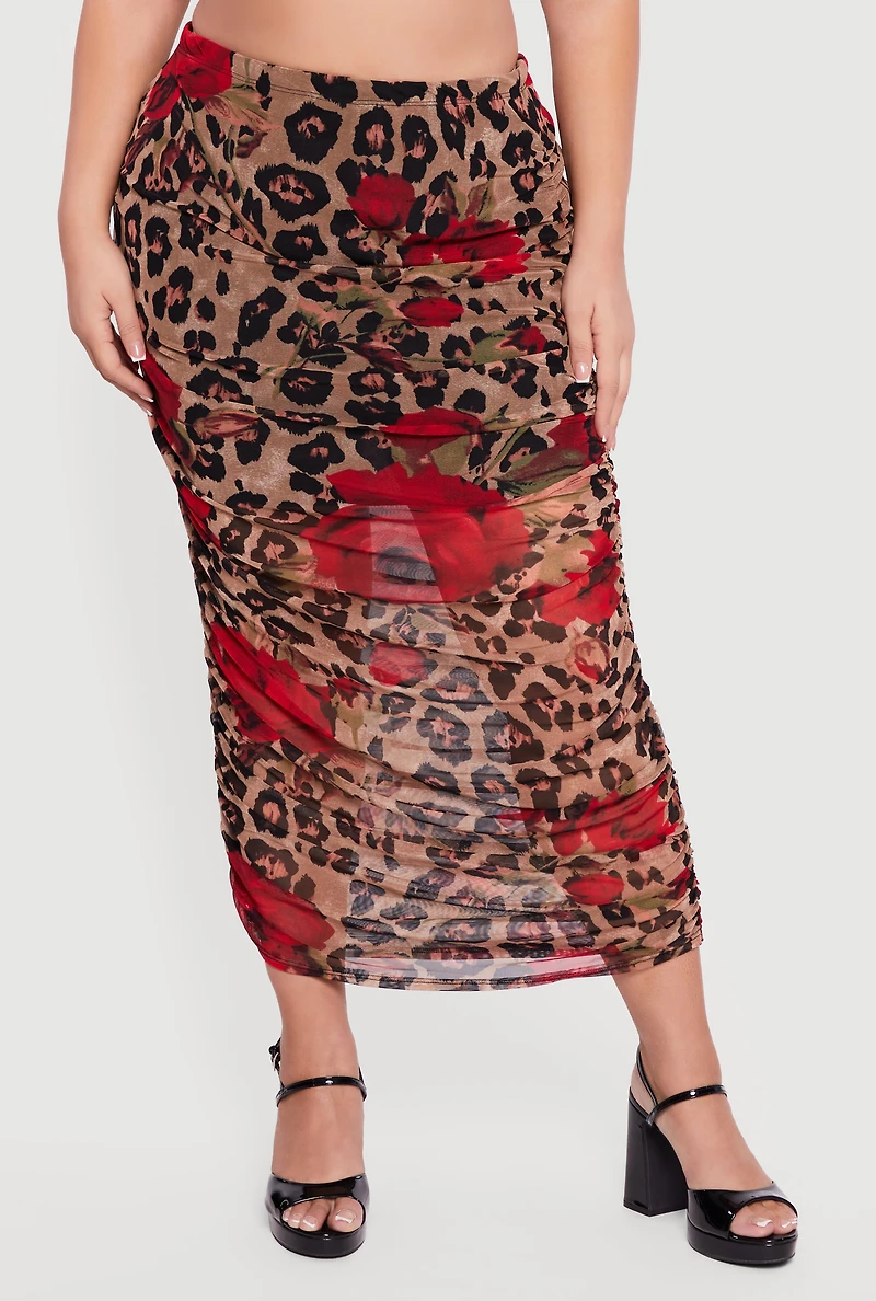 Plus Patterned Ruched Mesh Midi Skirt