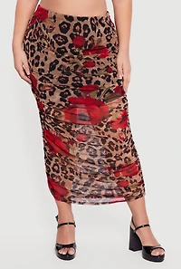 Plus Patterned Ruched Mesh Midi Skirt