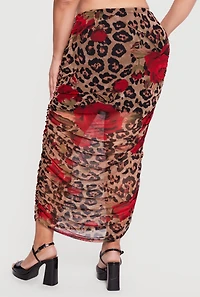 Plus Patterned Ruched Mesh Midi Skirt