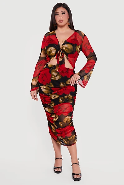 Plus Patterned Ruched Mesh Midi Skirt