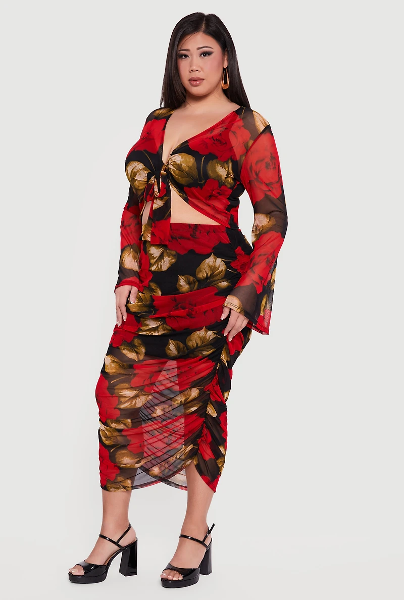 Plus Patterned Ruched Mesh Midi Skirt