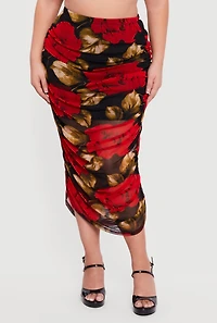 Plus Patterned Ruched Mesh Midi Skirt