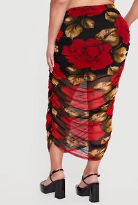 Plus Patterned Ruched Mesh Midi Skirt
