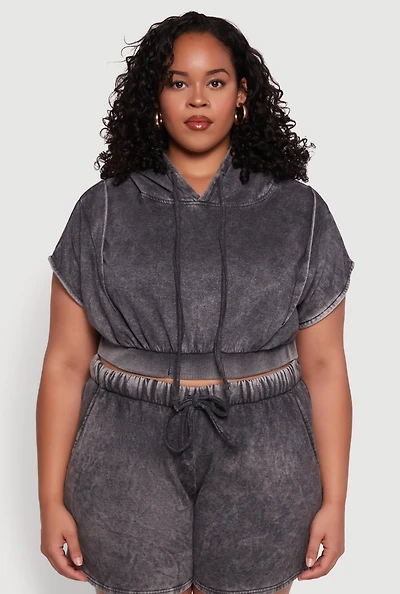 Womens Plus Mineral Wash Hooded Crop Sweatshirt with Ruching, Grey,