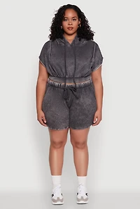 Womens Plus Mineral Wash Hooded Crop Sweatshirt with Ruching, Grey,