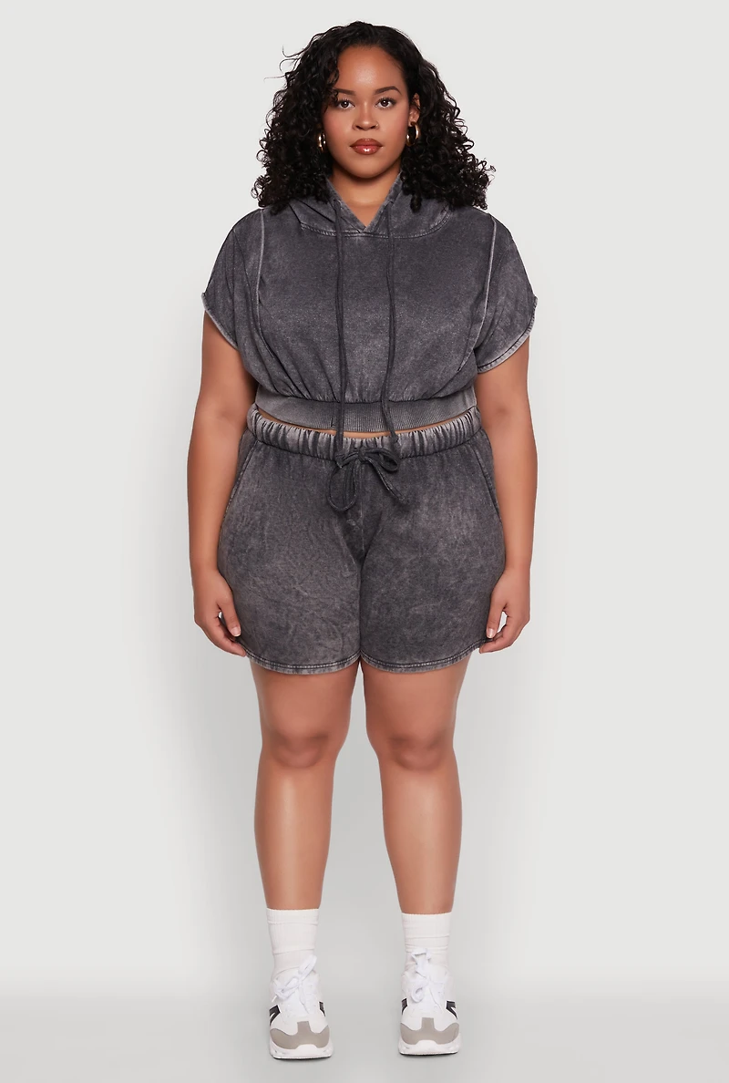 Womens Plus Size Mineral Wash Hooded Crop Sweatshirt with Ruching, Grey, Size 3X