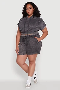 Womens Plus Size Mineral Wash Hooded Crop Sweatshirt with Ruching, Grey, Size 3X