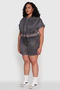 Womens Plus Mineral Wash Hooded Crop Sweatshirt with Ruching, Grey,