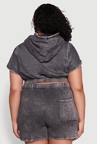 Womens Plus Size Mineral Wash Hooded Crop Sweatshirt with Ruching, Grey, Size 3X