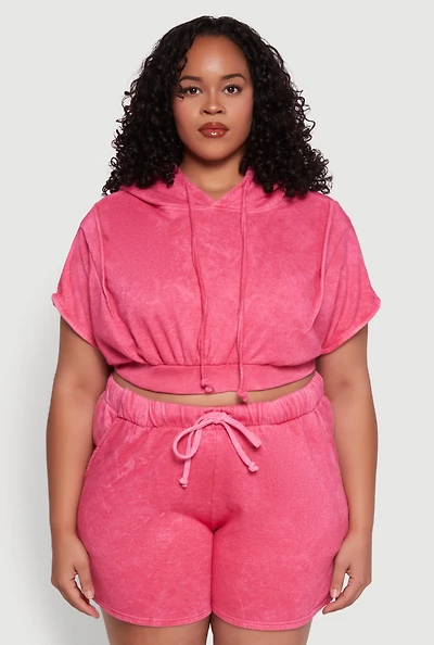 Womens Plus Size Mineral Wash Hooded Crop Sweatshirt with Ruching, Pink, Size 2X