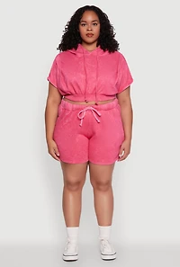 Womens Plus Size Mineral Wash Hooded Crop Sweatshirt with Ruching, Pink, Size 2X