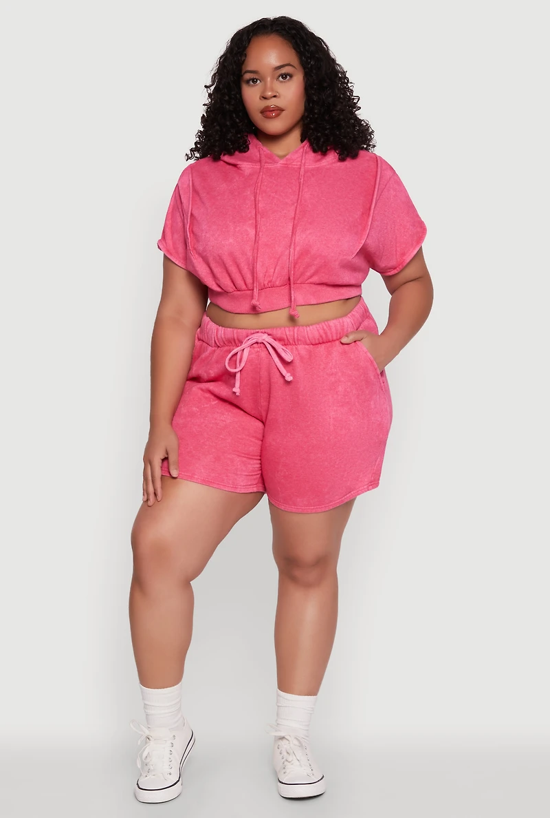 Womens Plus Size Mineral Wash Hooded Crop Sweatshirt with Ruching, Pink, Size 2X
