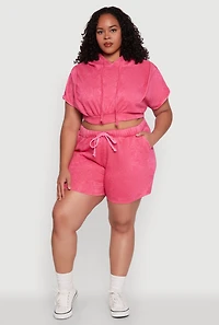 Womens Plus Size Mineral Wash Hooded Crop Sweatshirt with Ruching, Pink, Size 2X