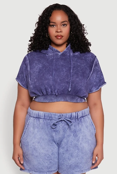 Womens Plus Size Mineral Wash Hooded Crop Sweatshirt with Ruching, Blue, Size 3X
