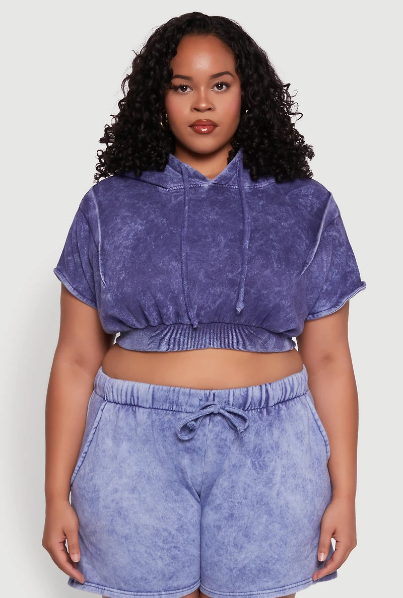 Womens Plus Size Mineral Wash Hooded Crop Sweatshirt with Ruching, Blue, Size 2X
