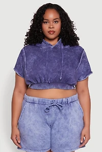 Womens Plus Size Mineral Wash Hooded Crop Sweatshirt with Ruching, Blue, Size 2X