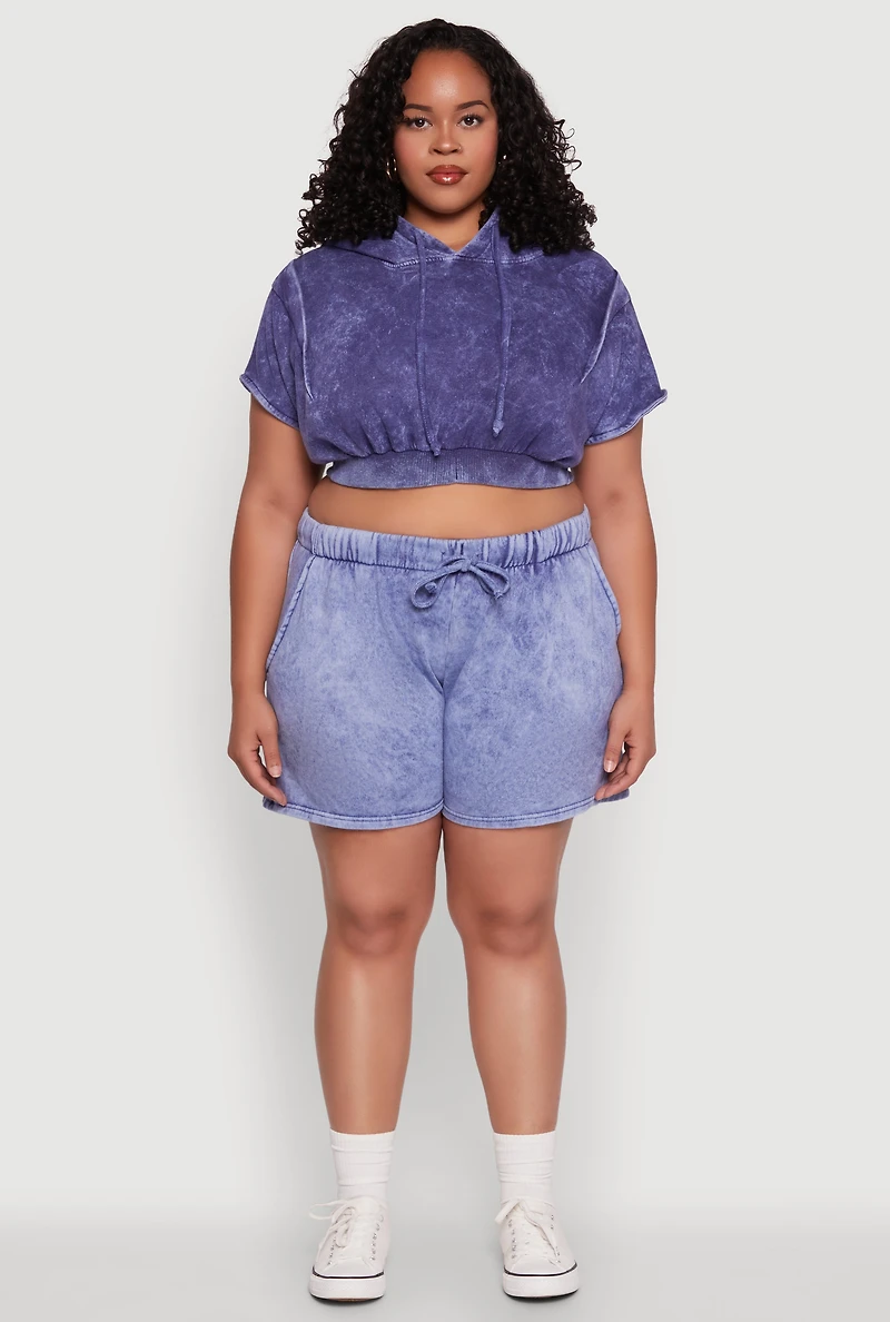 Womens Plus Size Mineral Wash Hooded Crop Sweatshirt with Ruching, Blue, Size 1X