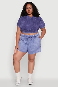 Womens Plus Size Mineral Wash Hooded Crop Sweatshirt with Ruching, Blue, Size 1X