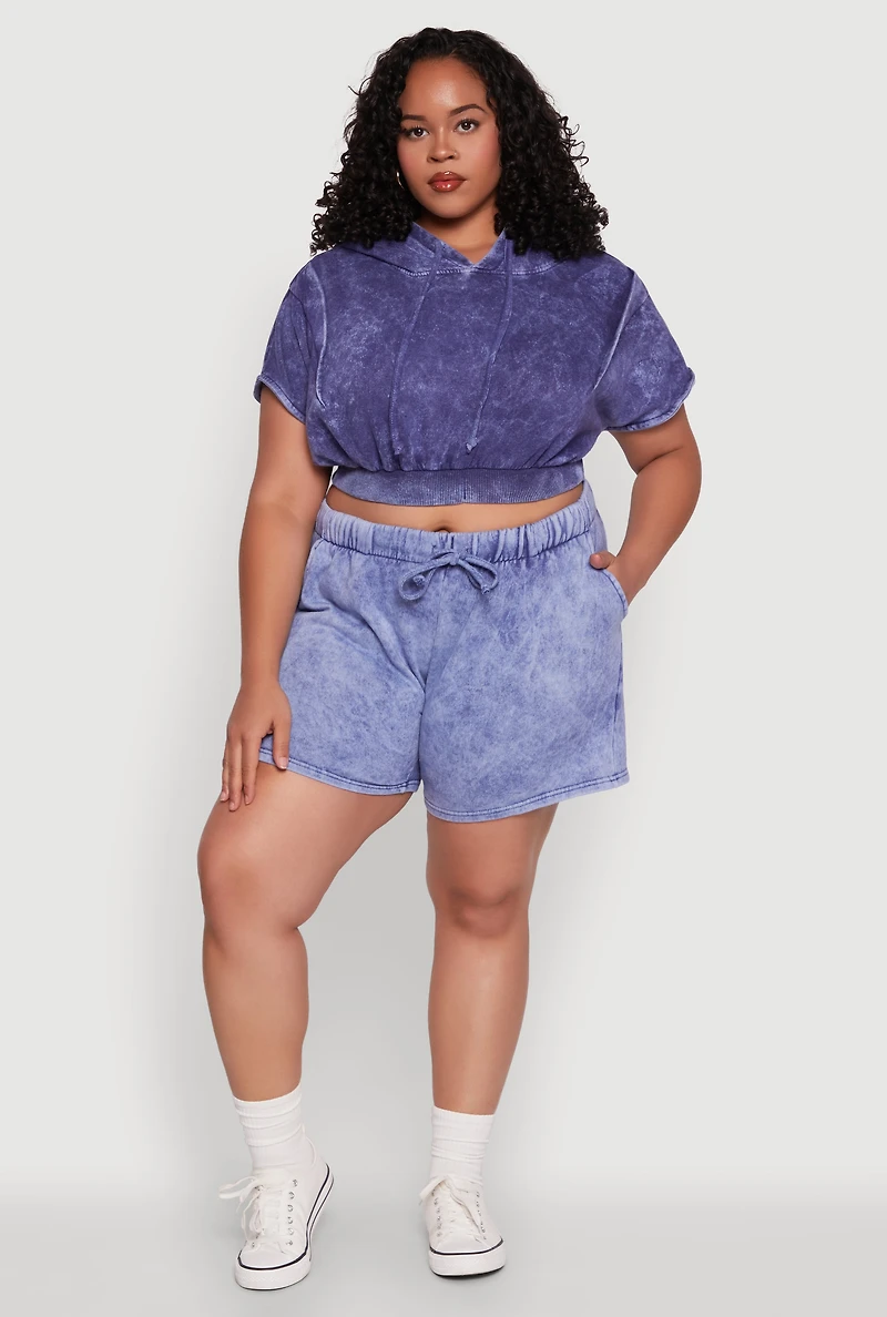 Plus Mineral Wash Hooded Crop Sweatshirt with Ruching