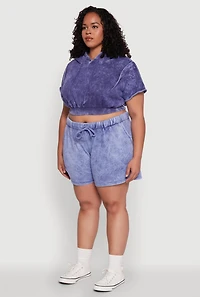 Womens Plus Size Mineral Wash Hooded Crop Sweatshirt with Ruching, Blue, Size 1X