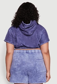 Womens Plus Size Mineral Wash Hooded Crop Sweatshirt with Ruching, Blue, Size 2X
