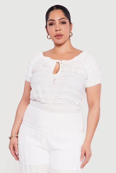 Plus Tie Front Keyhole Cinched Waist Ruffle Blouse