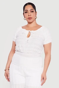 Plus Tie Front Keyhole Cinched Waist Ruffle Blouse